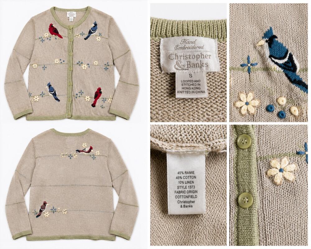 Christopher & Banks Hand Embroidered Bird Cardigan Sweater Small Cottagecore